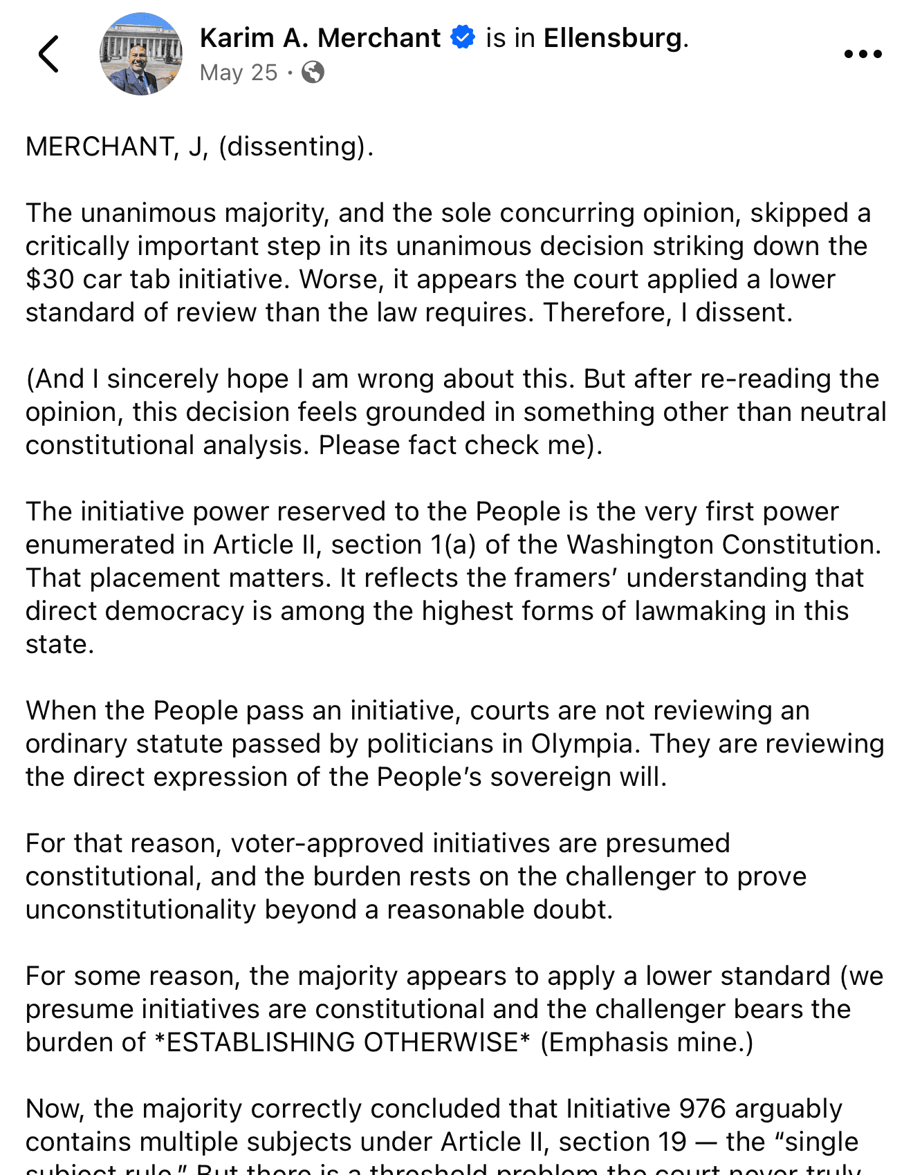 Facebook post by Karim Merchant